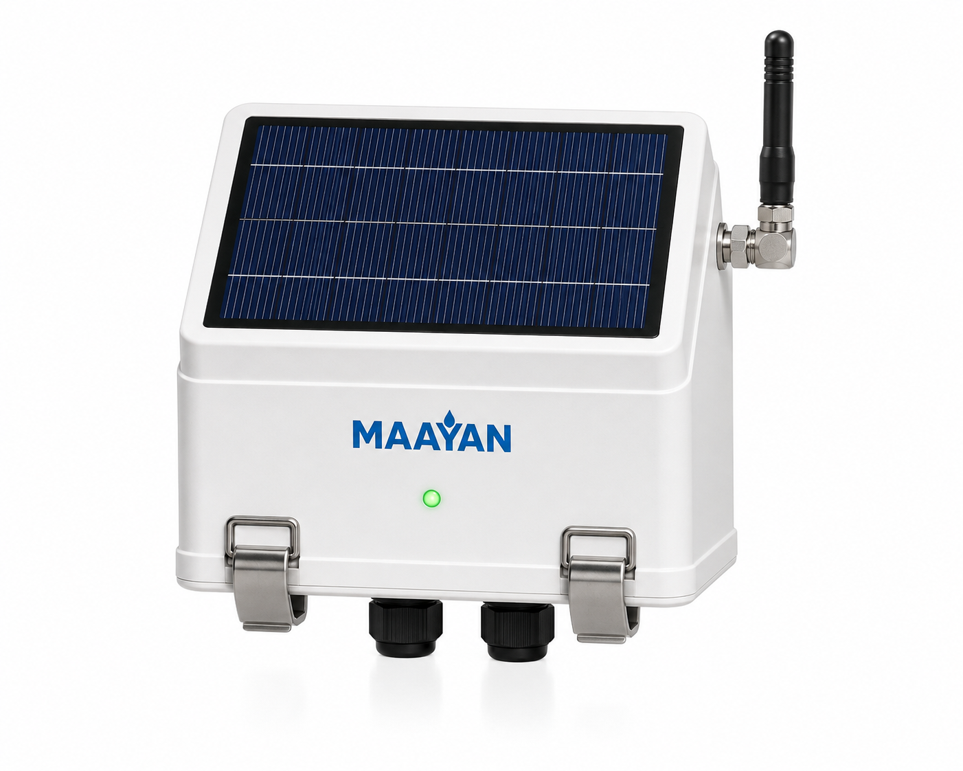 Maayan solar-powered pressure sensor node with an integrated solar panel, status light, and sealed cable connections